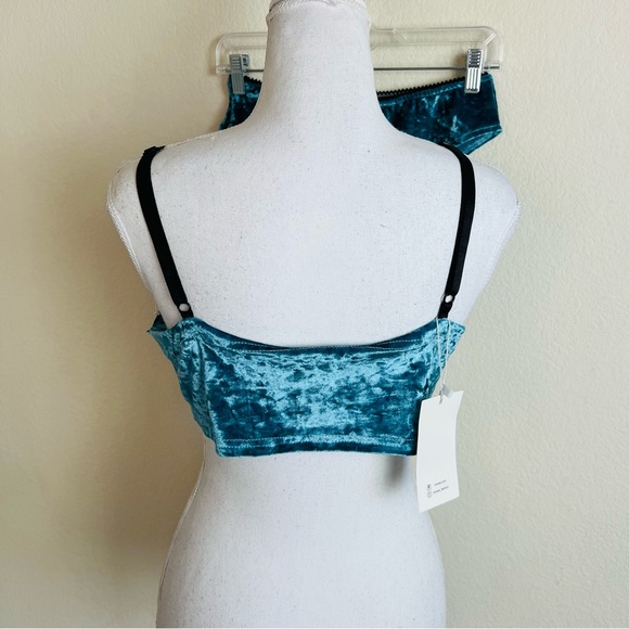 NWT Teal & Black Crushed Velvet Bow Longline Cami & Panty Sleep Lingerie Set - Picture 3 of 9